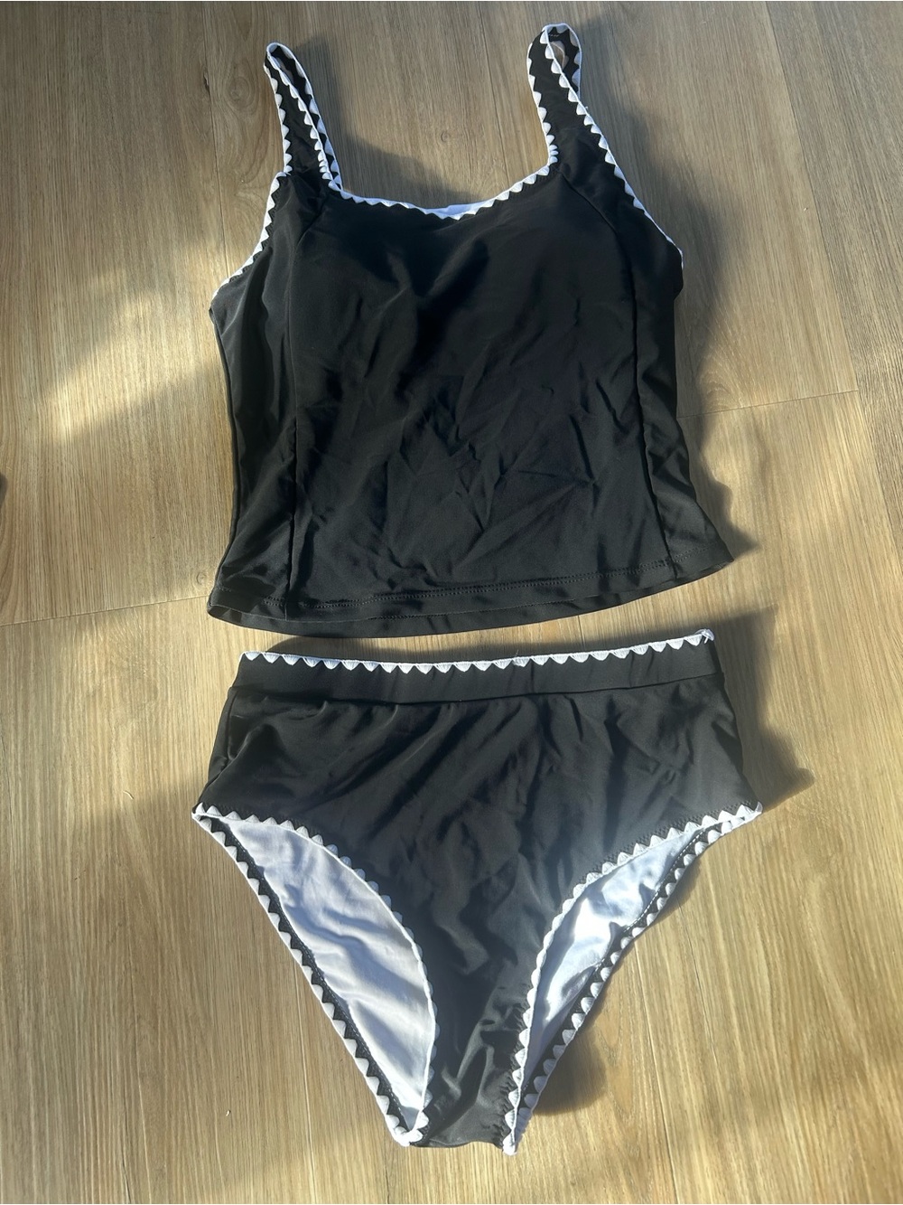 High-Waist Black Tankini Set with White Scalloped Trim